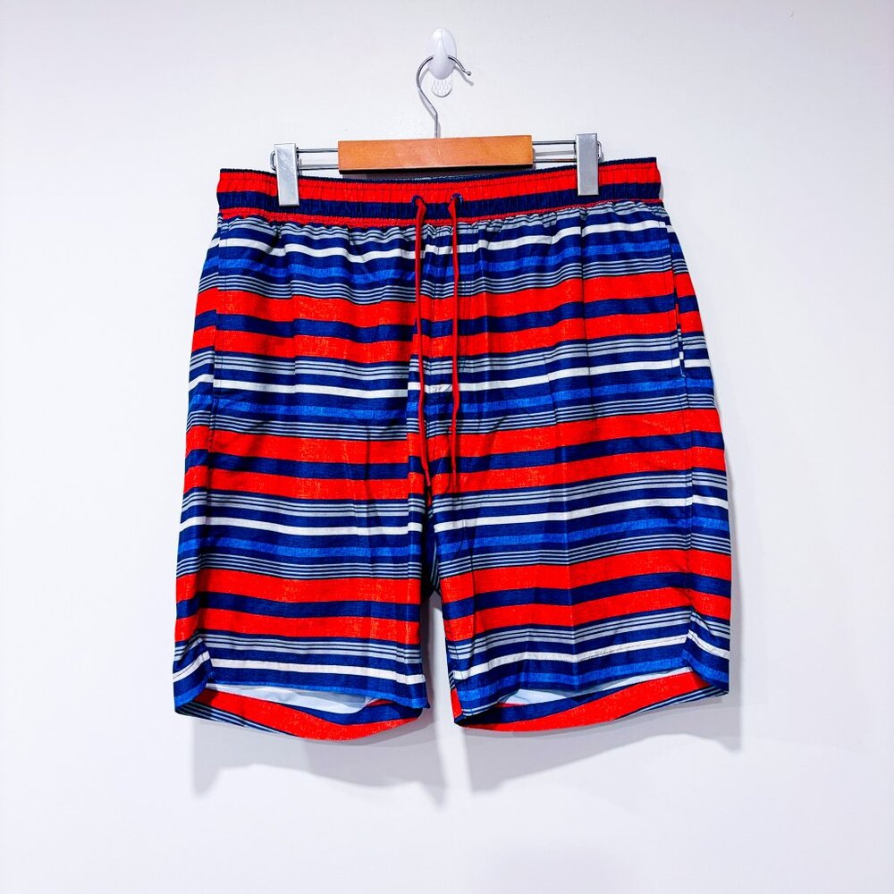 OLD NAVY Men’s red & blue striped swim shorts |‎ Large *